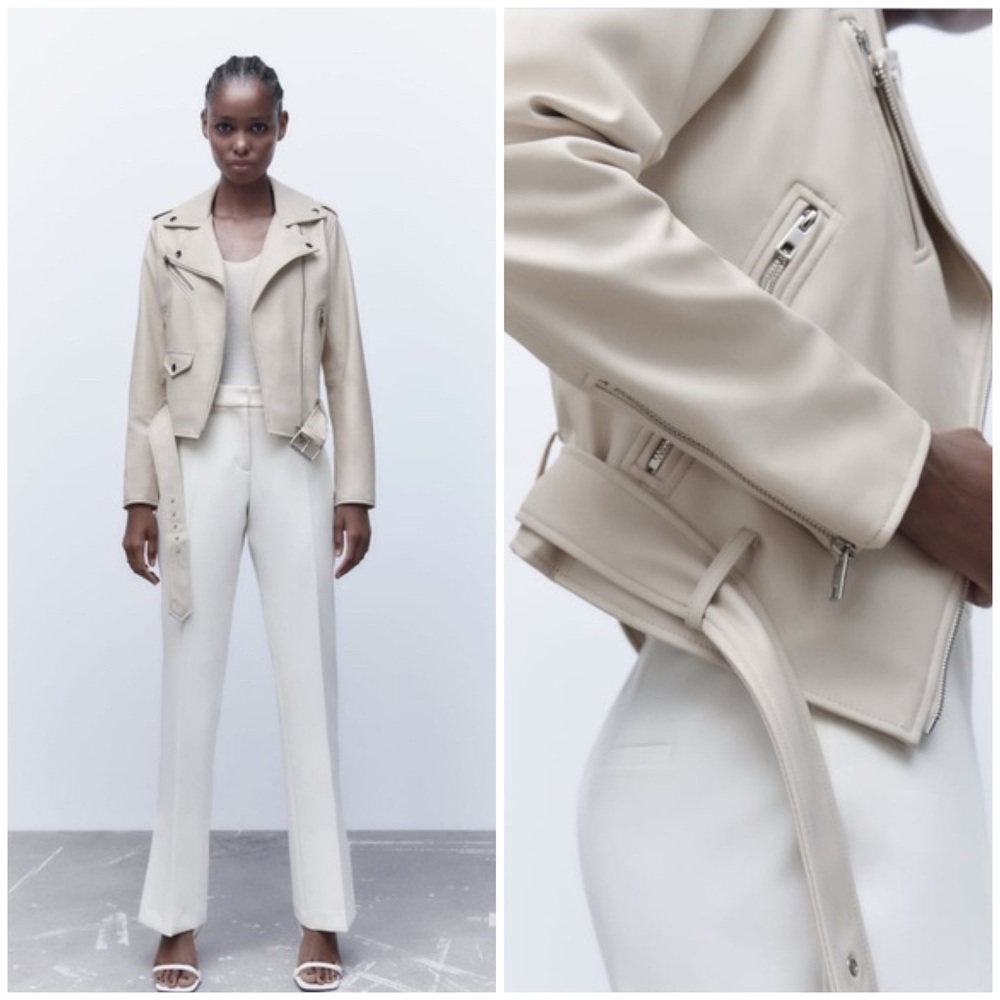 ZARA ~ ECRU OVERSIZED FAUX LEATHER MOTO OVERSIZED JACKET